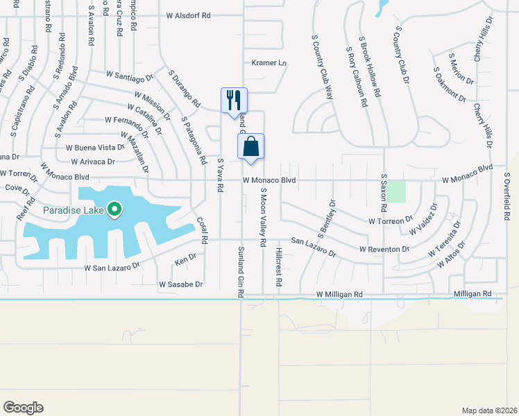 map of restaurants, bars, coffee shops, grocery stores, and more near 15551 South Sunland Gin Road in Arizona City