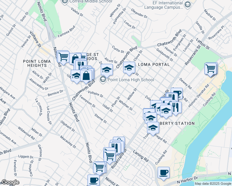 map of restaurants, bars, coffee shops, grocery stores, and more near 3425 Xenophon Street in San Diego