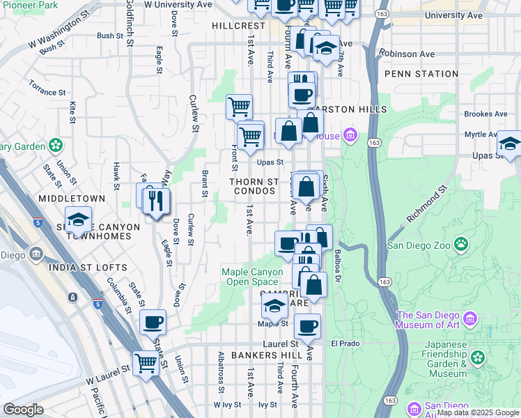 map of restaurants, bars, coffee shops, grocery stores, and more near 3162 Second Avenue in San Diego