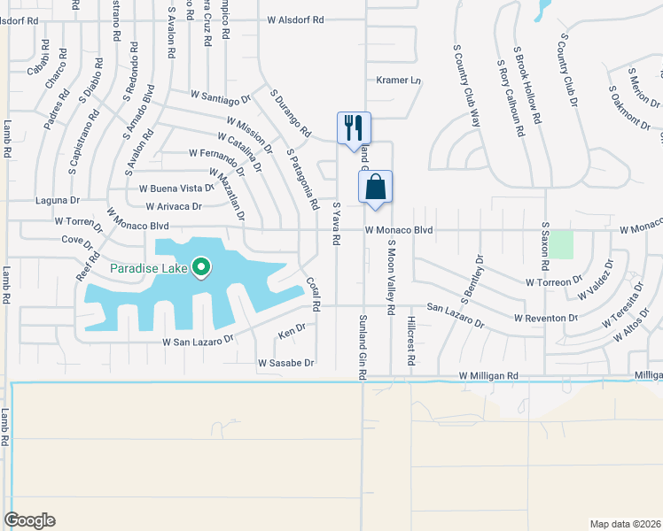 map of restaurants, bars, coffee shops, grocery stores, and more near 15512 South Patagonia Road in Arizona City