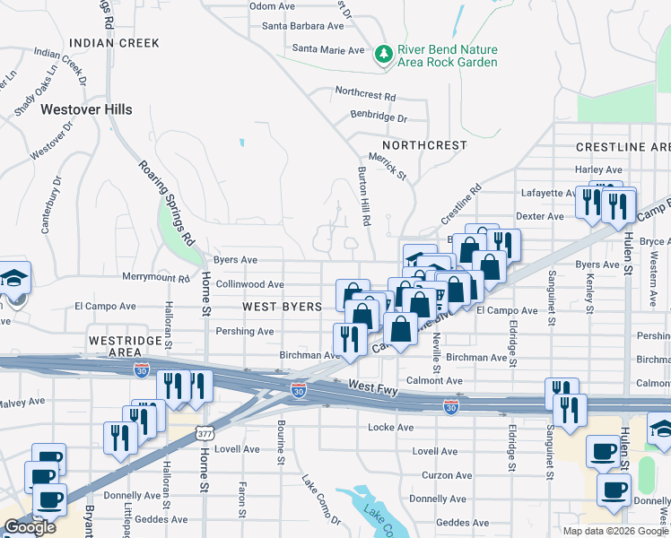 map of restaurants, bars, coffee shops, grocery stores, and more near 5327 Byers Avenue in Fort Worth