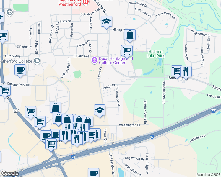 map of restaurants, bars, coffee shops, grocery stores, and more near 944 Austin Court in Weatherford