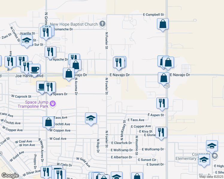 map of restaurants, bars, coffee shops, grocery stores, and more near 201 East Navajo Drive in Hobbs