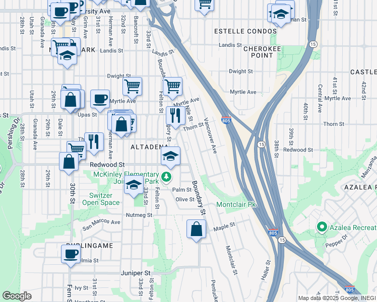 map of restaurants, bars, coffee shops, grocery stores, and more near 3235 Mckinley Street in San Diego