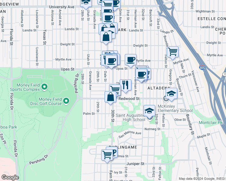 map of restaurants, bars, coffee shops, grocery stores, and more near 3005 Thorn Street in San Diego