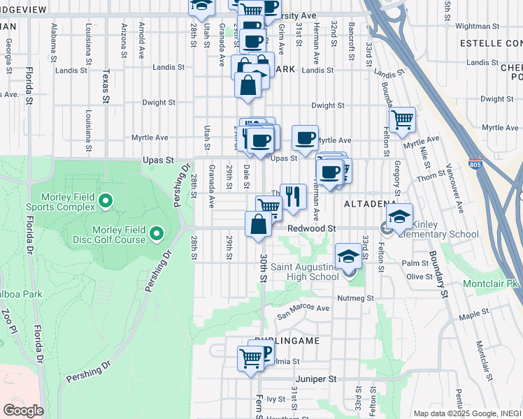 map of restaurants, bars, coffee shops, grocery stores, and more near 3005 Thorn Street in San Diego