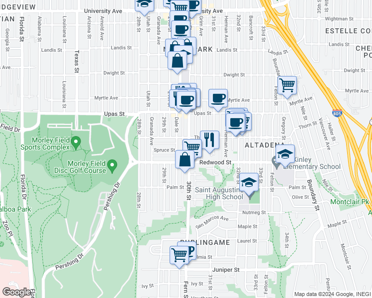 map of restaurants, bars, coffee shops, grocery stores, and more near 3005 Thorn Street in San Diego