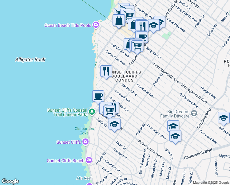 map of restaurants, bars, coffee shops, grocery stores, and more near 1563 Sunset Cliffs Boulevard in San Diego