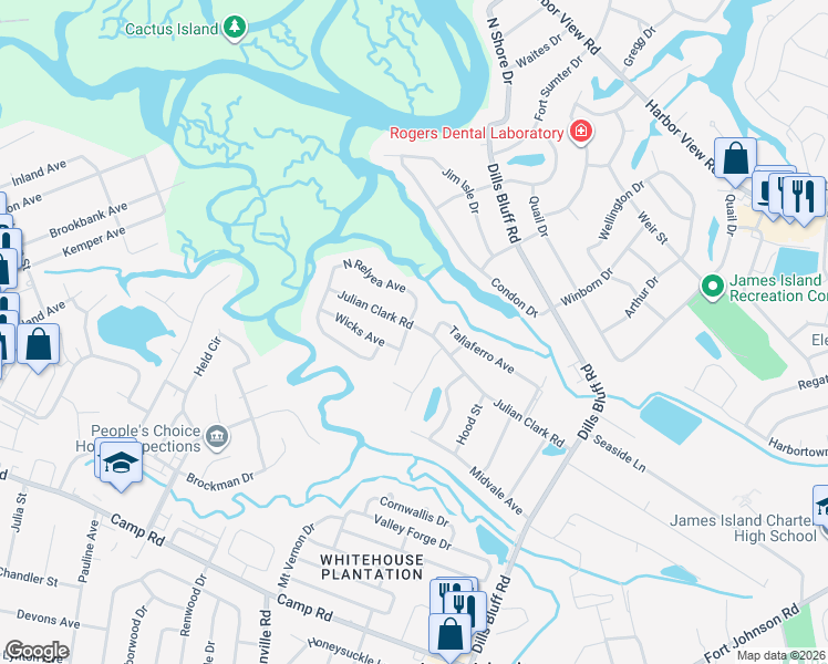 map of restaurants, bars, coffee shops, grocery stores, and more near 1412 North Relyea Avenue in Charleston
