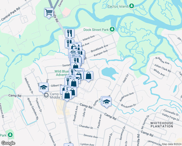 map of restaurants, bars, coffee shops, grocery stores, and more near 1570 Highland Avenue in Charleston