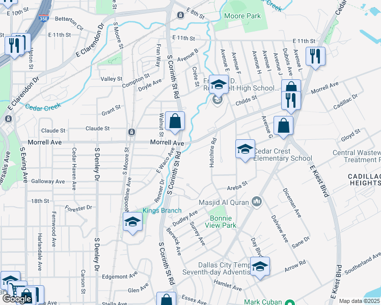 map of restaurants, bars, coffee shops, grocery stores, and more near 1622 Morrell Avenue in Dallas