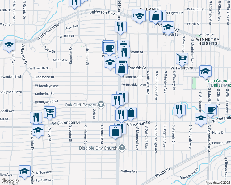 map of restaurants, bars, coffee shops, grocery stores, and more near 2426 West Brooklyn Avenue in Dallas