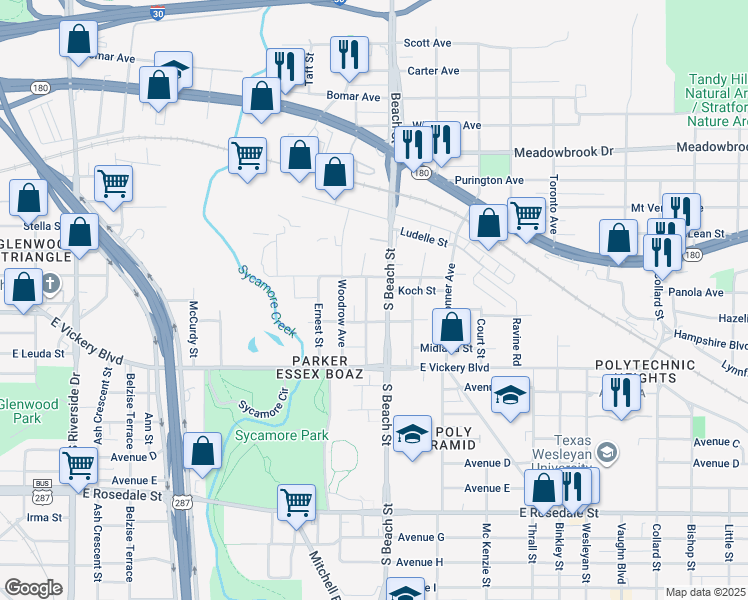 map of restaurants, bars, coffee shops, grocery stores, and more near 500 South Beach Street in Fort Worth