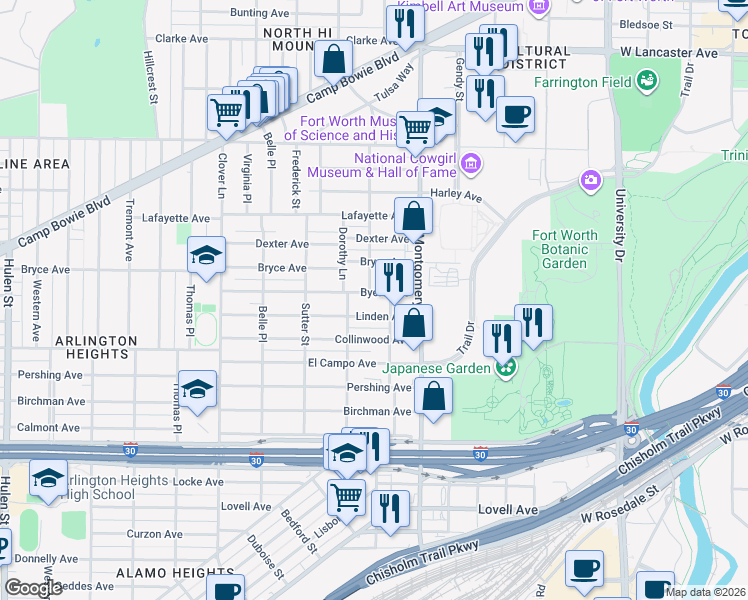 map of restaurants, bars, coffee shops, grocery stores, and more near 3724 Byers Avenue in Fort Worth
