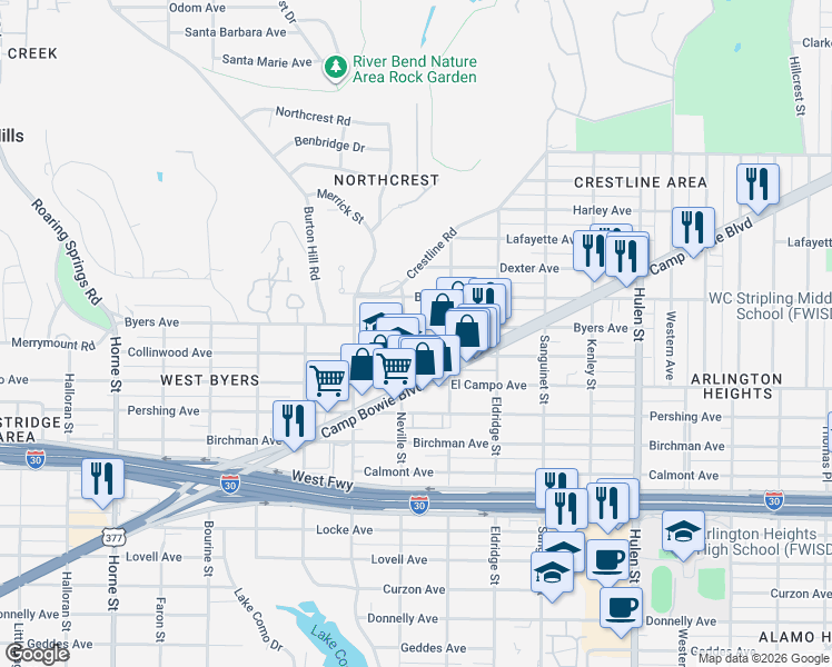 map of restaurants, bars, coffee shops, grocery stores, and more near 5040 Byers Avenue in Fort Worth