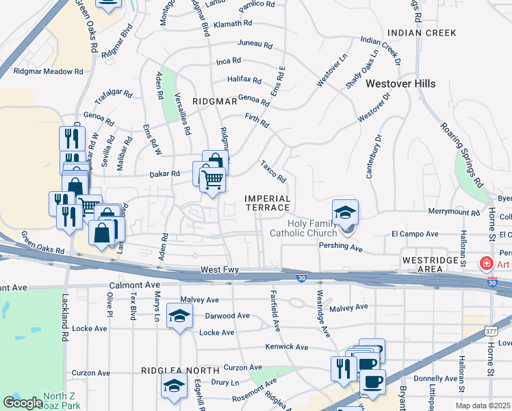 map of restaurants, bars, coffee shops, grocery stores, and more near 2303 Ridgmar Plaza in Fort Worth