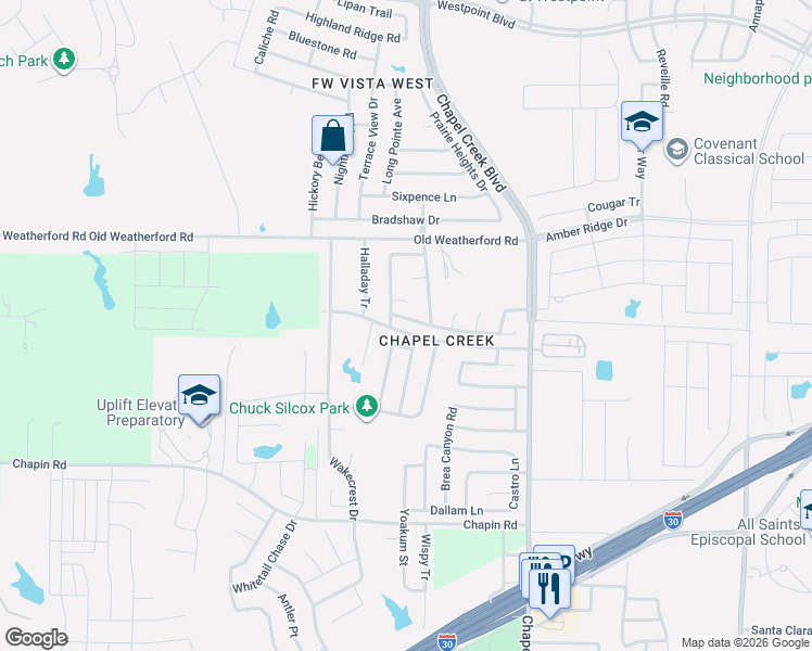 map of restaurants, bars, coffee shops, grocery stores, and more near 2309 Whispering Wind Street in Fort Worth