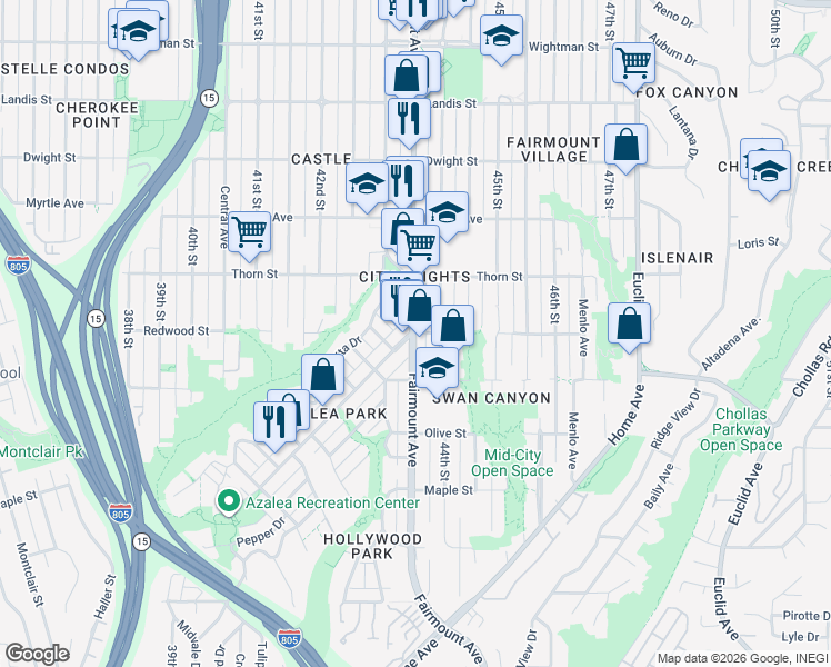 map of restaurants, bars, coffee shops, grocery stores, and more near Fairmount Ave & Poplar St in San Diego