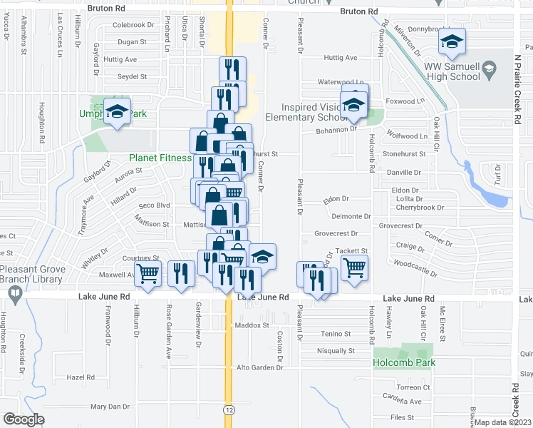 map of restaurants, bars, coffee shops, grocery stores, and more near 1512 Conner Drive in Dallas