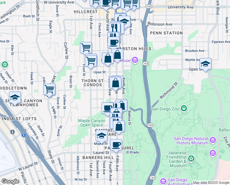map of restaurants, bars, coffee shops, grocery stores, and more near 430 Spruce Street in San Diego