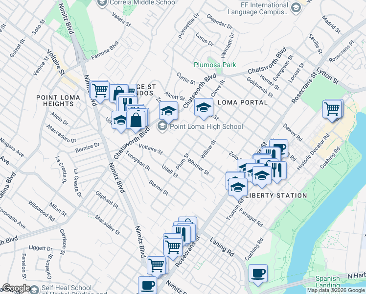 map of restaurants, bars, coffee shops, grocery stores, and more near 3425 Xenophon Street in San Diego