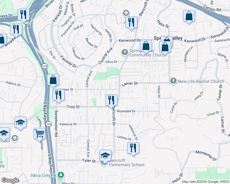 map of restaurants, bars, coffee shops, grocery stores, and more near in Spring Valley