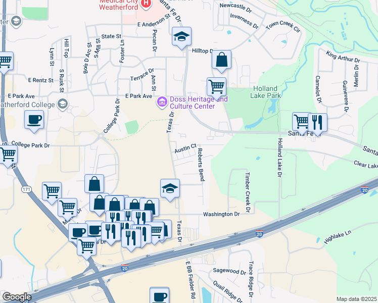 map of restaurants, bars, coffee shops, grocery stores, and more near 942 Austin Court in Weatherford