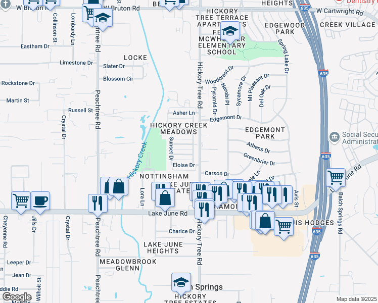 map of restaurants, bars, coffee shops, grocery stores, and more near 11811 Avery Lane in Balch Springs