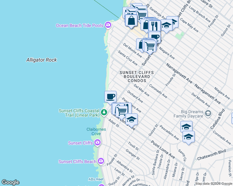 map of restaurants, bars, coffee shops, grocery stores, and more near 4828 Pescadero Avenue in San Diego