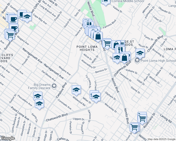 map of restaurants, bars, coffee shops, grocery stores, and more near 4012 Bernice Drive in San Diego