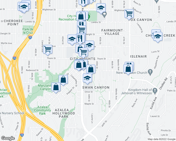 map of restaurants, bars, coffee shops, grocery stores, and more near Redwood Street & 44th Street in San Diego