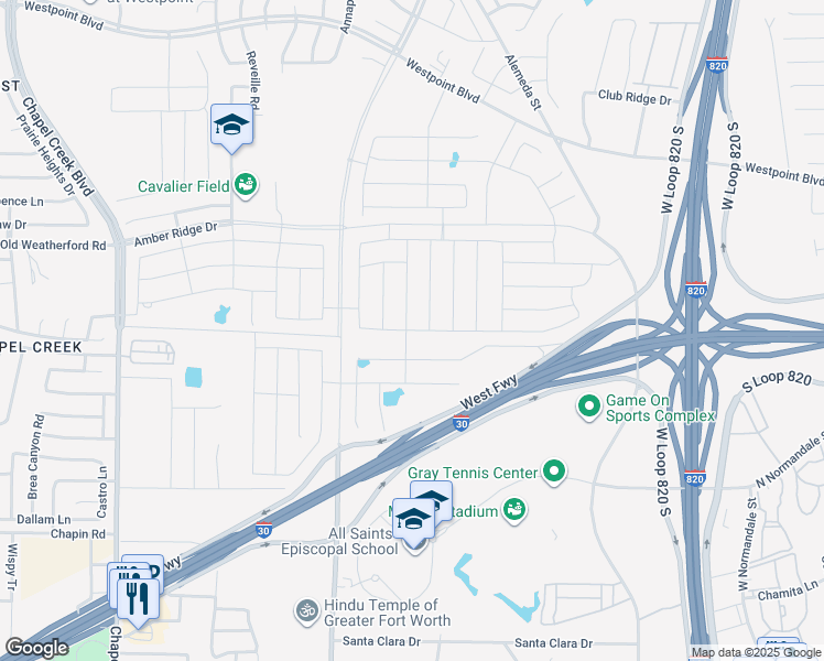 map of restaurants, bars, coffee shops, grocery stores, and more near 2312 Denmark Lane in Fort Worth