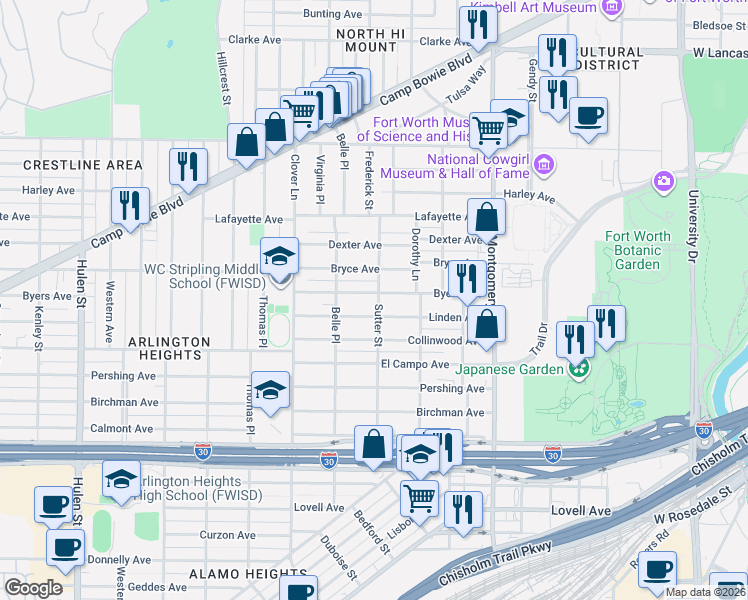 map of restaurants, bars, coffee shops, grocery stores, and more near 3908 Byers Avenue in Fort Worth
