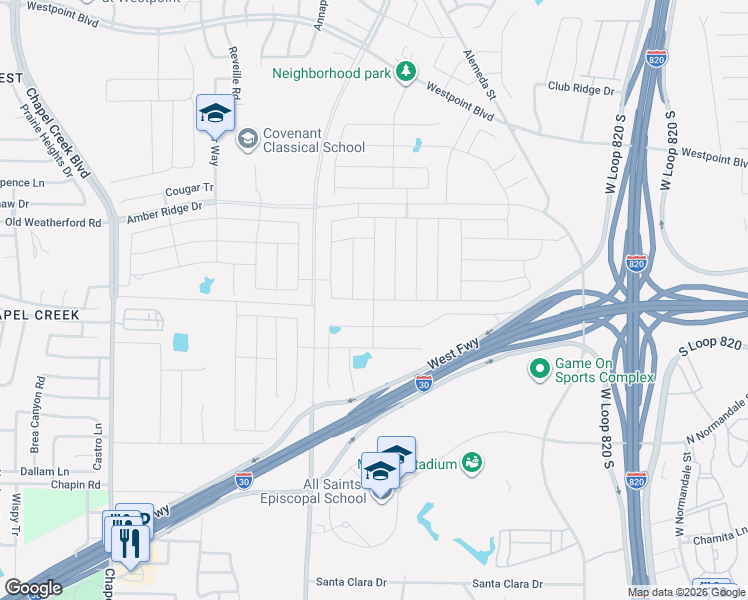 map of restaurants, bars, coffee shops, grocery stores, and more near 2312 Denmark Lane in Fort Worth