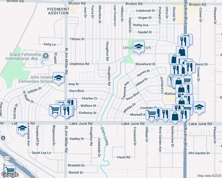map of restaurants, bars, coffee shops, grocery stores, and more near 1514 Houghton Road in Dallas