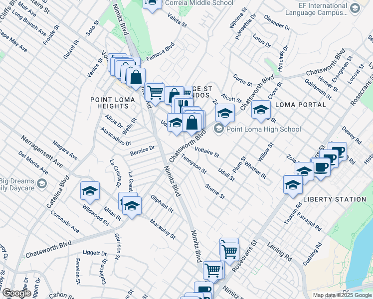 map of restaurants, bars, coffee shops, grocery stores, and more near 2128 Chatsworth Boulevard in San Diego