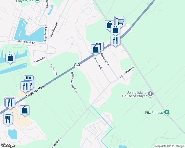 map of restaurants, bars, coffee shops, grocery stores, and more near 2909 Maybank Highway in Johns Island