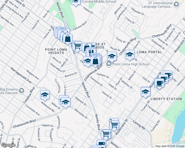 map of restaurants, bars, coffee shops, grocery stores, and more near 2125 Chatsworth Boulevard in San Diego