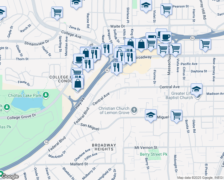 map of restaurants, bars, coffee shops, grocery stores, and more near 6816 Central Avenue in Lemon Grove