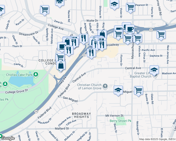 map of restaurants, bars, coffee shops, grocery stores, and more near 6816 Central Avenue in Lemon Grove
