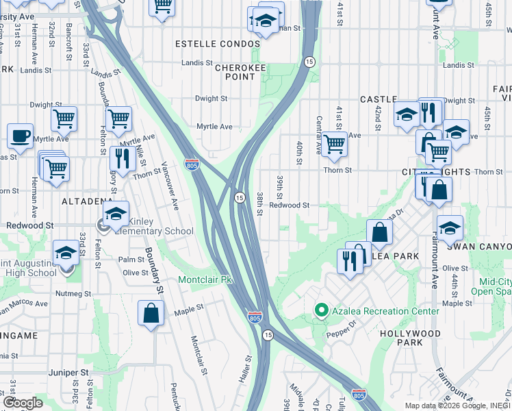 map of restaurants, bars, coffee shops, grocery stores, and more near Redwood Street in San Diego