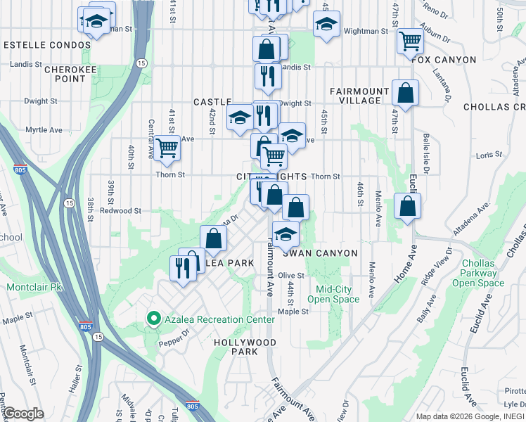 map of restaurants, bars, coffee shops, grocery stores, and more near 3144 Glenfield Street in San Diego