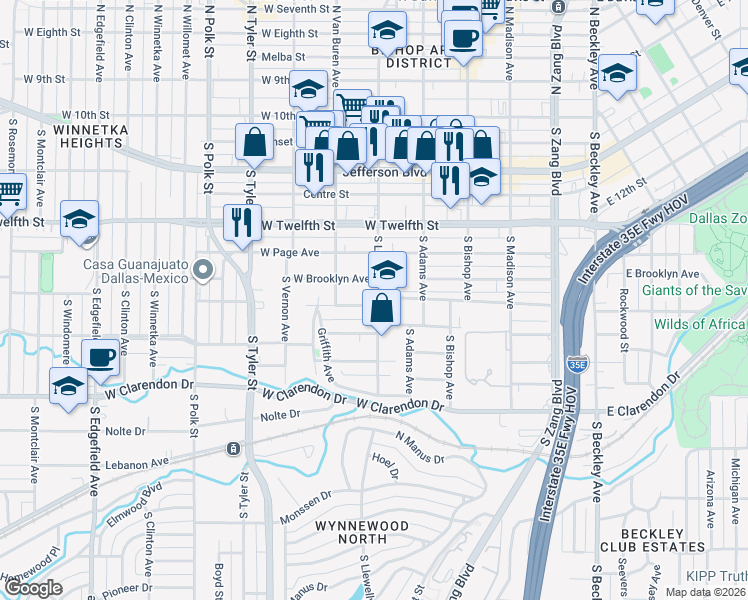 map of restaurants, bars, coffee shops, grocery stores, and more near 603 West Pembroke Avenue in Dallas
