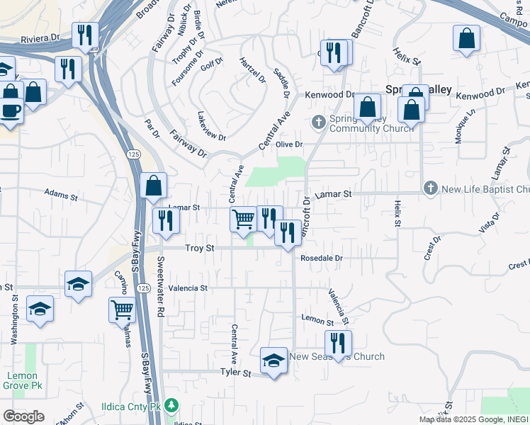 map of restaurants, bars, coffee shops, grocery stores, and more near 8881 Lamar Street in Spring Valley