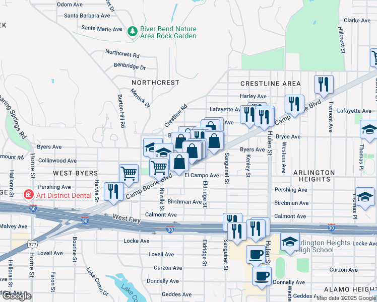 map of restaurants, bars, coffee shops, grocery stores, and more near 4936 Byers Avenue in Fort Worth