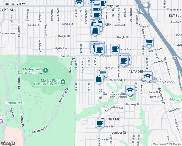 map of restaurants, bars, coffee shops, grocery stores, and more near 2918 Spruce Street in San Diego