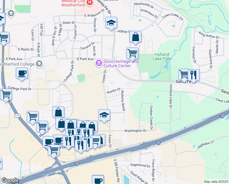 map of restaurants, bars, coffee shops, grocery stores, and more near 938 Austin Court in Weatherford