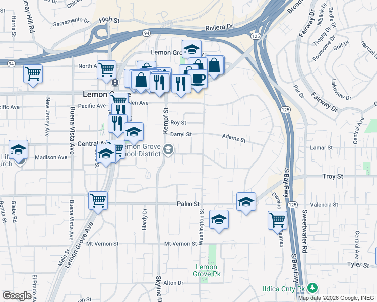 map of restaurants, bars, coffee shops, grocery stores, and more near 8150 Lincoln Street in Lemon Grove