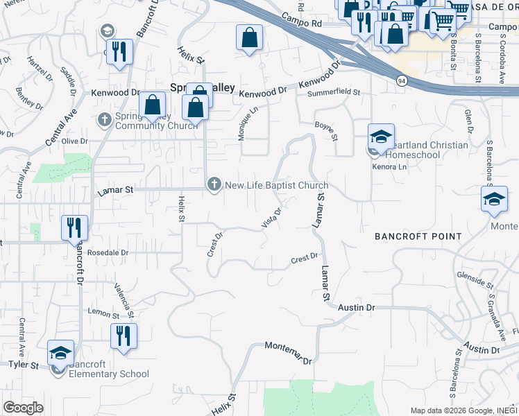 map of restaurants, bars, coffee shops, grocery stores, and more near 9359 Lamar Street in Spring Valley