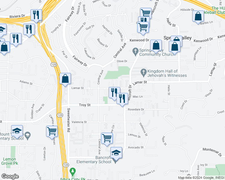 map of restaurants, bars, coffee shops, grocery stores, and more near 8930 Lamar Street in Spring Valley